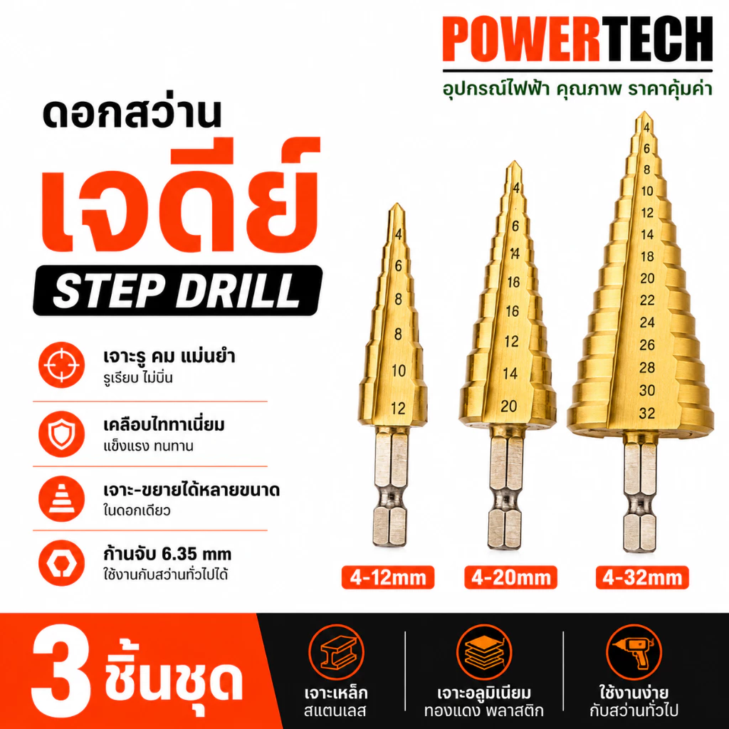 ดอกสว่าน ทรงเจดีย์ เคลือบไททาเนี่ยม เจาะรู ขยายรู Step Drill 4-12mm / 4-20mm / 4-32mm