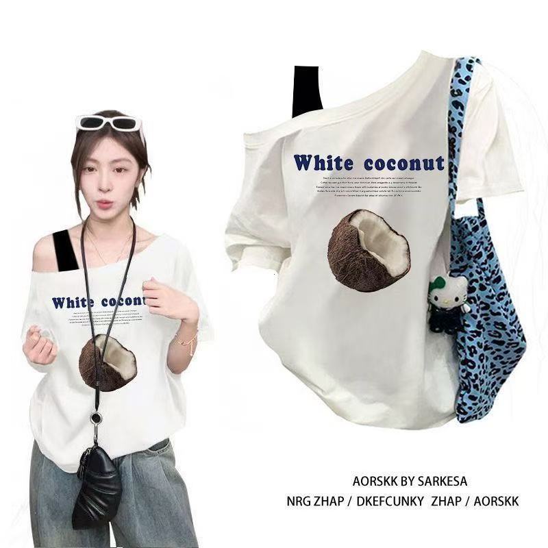 COD-เสื้อยืดแขนสั้นเปิดไหล่เดียวสีขาว ตัวหลวม ลุคผ่อนคลาย ลุคทำงาน ฤดูร้อน-มีให้เลือกหลายสี