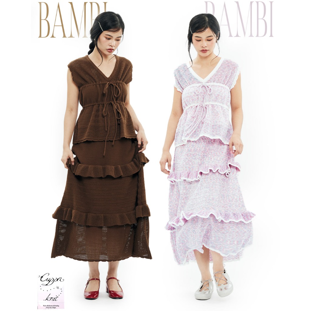 CUPPA - BAMBI Knit tie-front Top (2 สี) เสื้อไหมพรม ทรงสวมหัว คอวี มีเชือกปรับเปลี่ยนทรงได้ ทอสามลาย สามระดับ ขอบระบาย