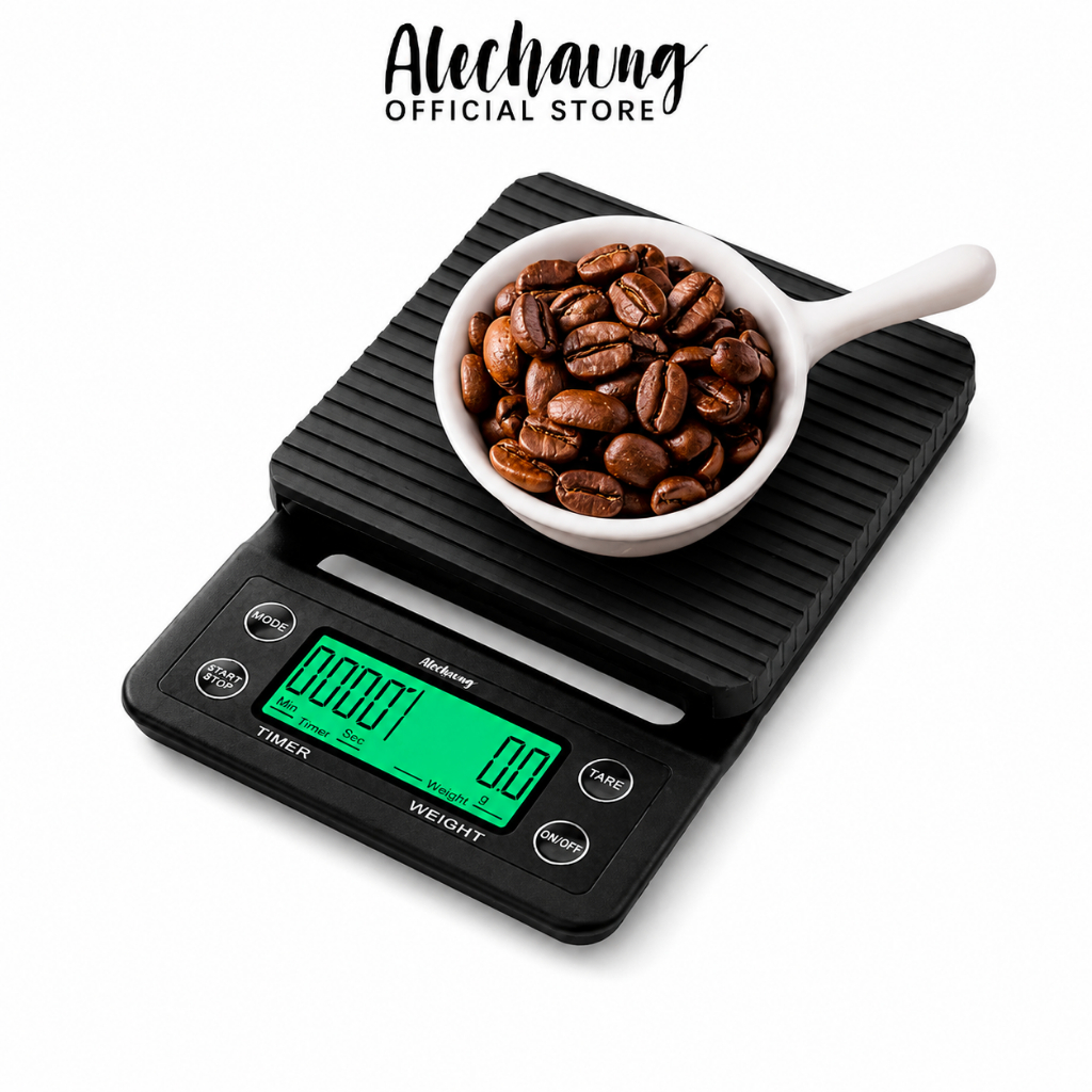 Alechaung ตาชั่งดิจิตอล เครื่องชั่งดิจิตอล เครื่องชั่งกาแฟ ฟังก์ชั่นชดเชยน้ำหนัก ตาชั่ง 5Kg หน้าจอLED