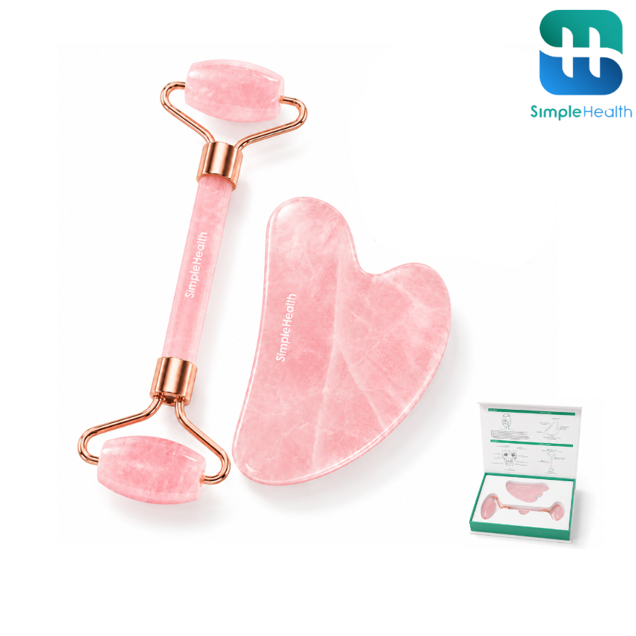 Simple health กัวซาหยก Jade Gua Sha หินกัวซา พร้อมลูกกลิ้งนวดหน้า รูปหัวใจ ลดบวม ผ่อนคลายผิว