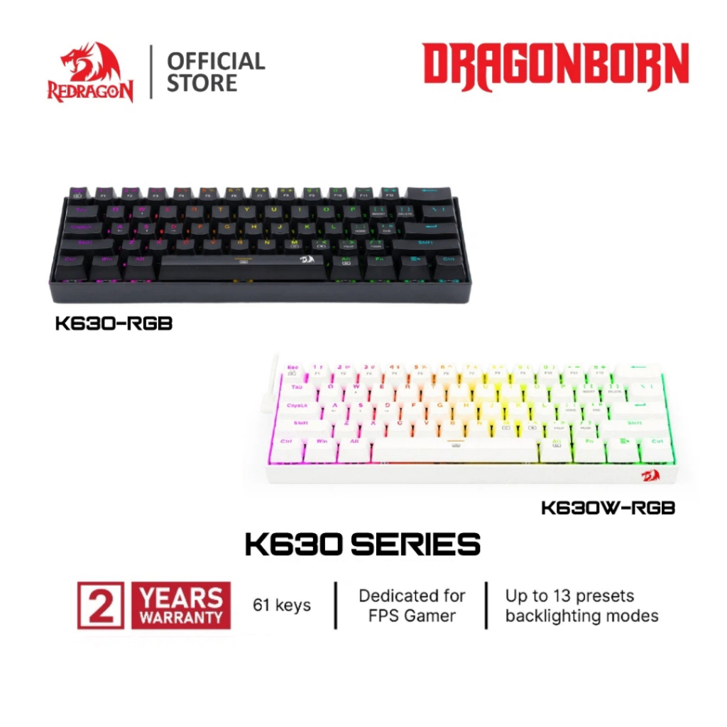 Redragon K630 Dragonborn 60% คีย์บอร์ดเกม RGB แบบมีสาย 61 คีย์คีย์บอร์ดขนาดกะทัดรัดพร้อม Linear Red Switch Driver รองรับ