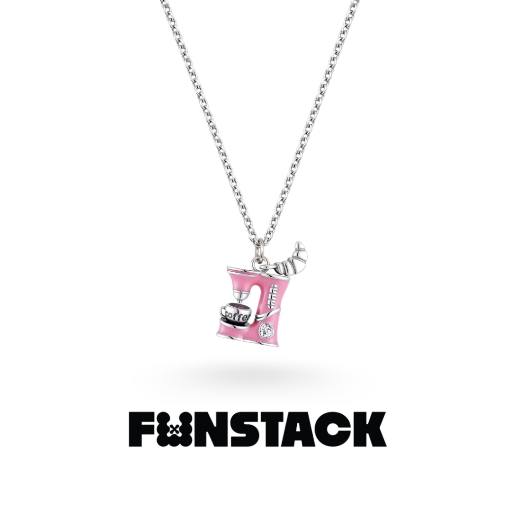 FUNSTACK สร้อยคอ Sugar Rush Pink Coffee Maker with Croissant Silver Stainless Steel