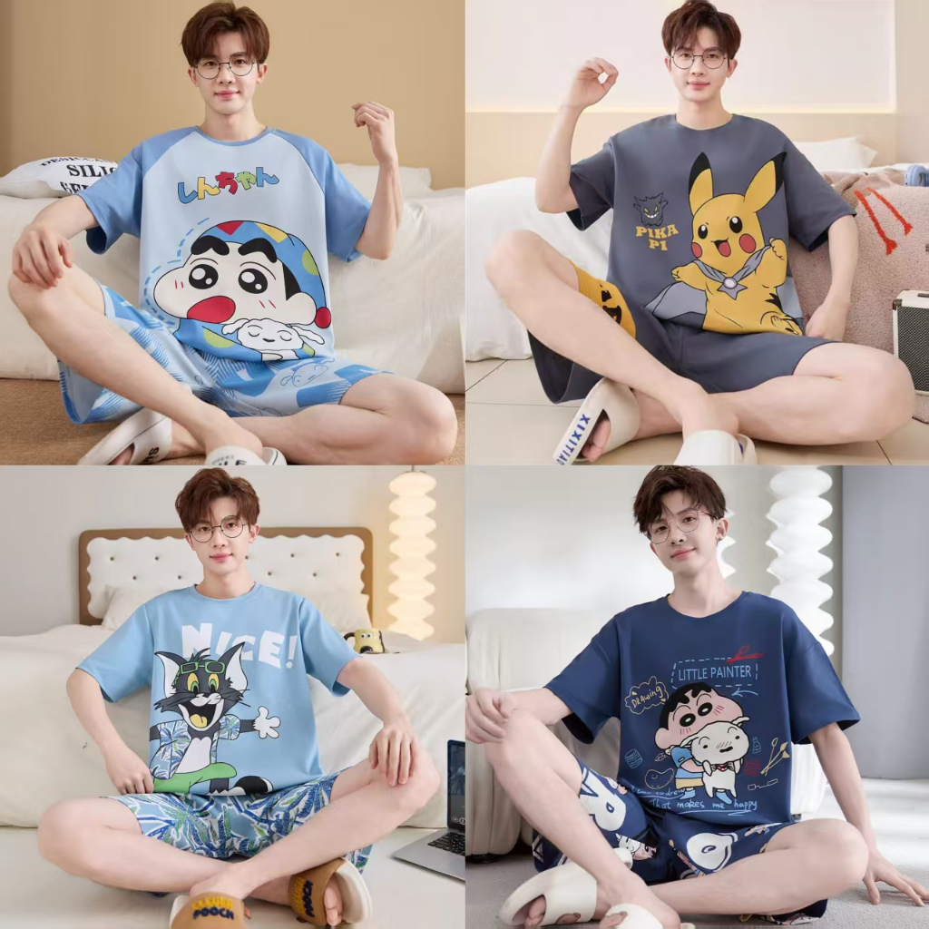 L-4XL,(ส่งมาจากประเทศไทย)ชุดนอน，ชุดนอนผู้ชาย ， ขาสั้น+เสื้อยืด， หลากหลายรูปแบบการ์ตูน， ได้รับความนิยมอย่างมากF809