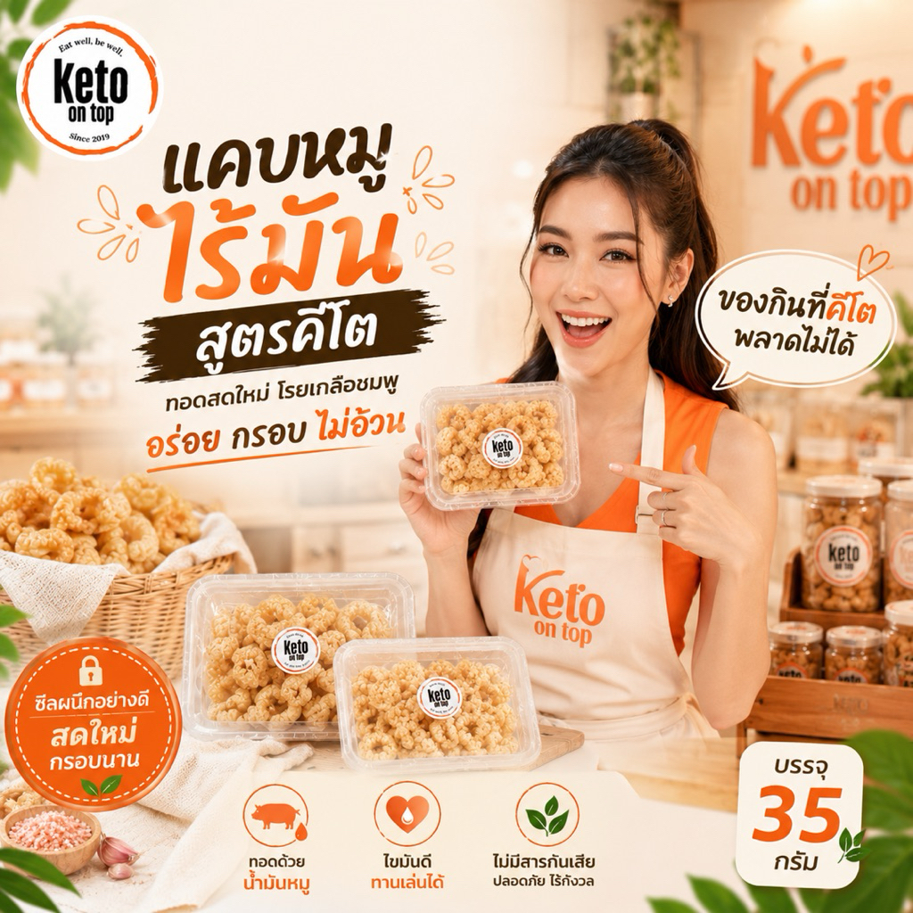 แคปหมูไร้มัน สูตรคีโต (โรยเกลือชมพูพร้อมส่ง)