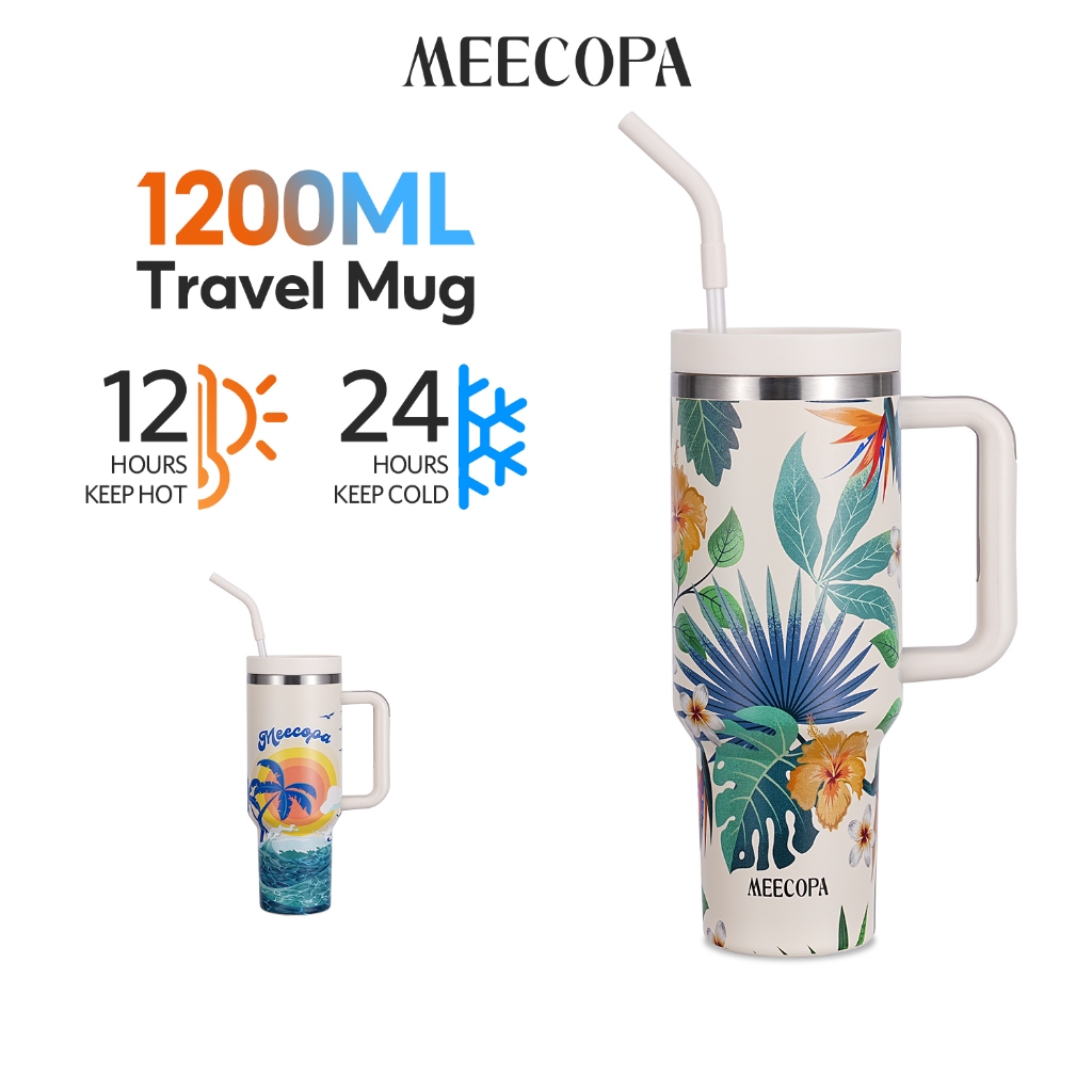 MECOPA กระบอกน้ำเก็บอุณหภูมิ 1200ml สแตนเลส304 เก็บเย็น 12 ชั่วโมง กันรั่ว ใช้ในรถ/กลางแจ้ง/ออฟฟิศ มีลายพิมพ์สวย