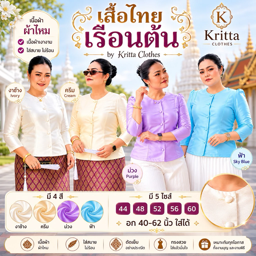 เสื้อไทยเรือนต้นไซส์ใหญ่ ผ้าไหม อก 40-60 นิ้ว สำหรับผู้หญิง