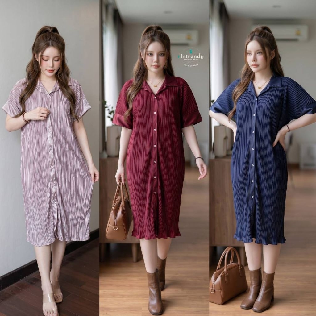 พร้อมส่ง.เดรสพลีทเชิ้ตคอปก กระดุมผ่าหน้าสาวอวบ Code-B155 { อก36 - 50 นิ้ว } เป็นผ้าพลีทเนื้อดี.