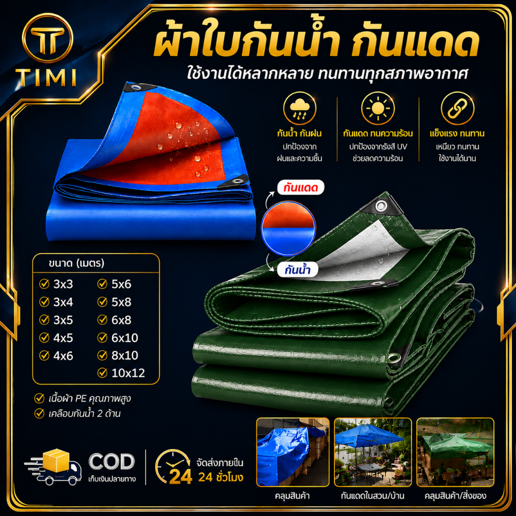 【TIMI 】ผ้าใบกันแดดกันฝน ผ้าใบกันแดด ผ้าใบกันฝน กันน้ำ100% (มีตาไก่) คุณภาพดี ทนทาน วัสดุPE 🚚พร้อมส่ง