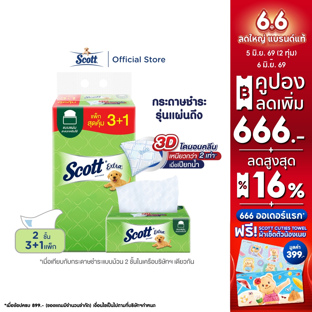 สก๊อตต์ เอ็กซ์ตร้า รุ่นแผ่นดึง 150 แผ่น 3+1 แพ็ค Scott® Extra Interfolded Tissue 2PLY 150s 3+1 pack