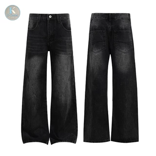 S-5XL Baggy กางเกงยีนส์ผู้ชาย เรโทร ฟอกสี ทรงตรงขากว้าง สไตล์เกาหลี