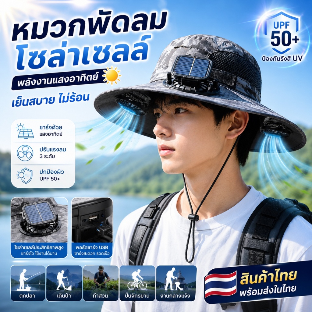 หมวกพัดลมโซล่าเซลล์ พัดลมคู่ ชาร์จพลังงานแสงอาทิตย์ กันแดด UPF50+ ปรับลมได้ 3 ระดับ สำหรับตกปลา เดินป่า ทำสวน