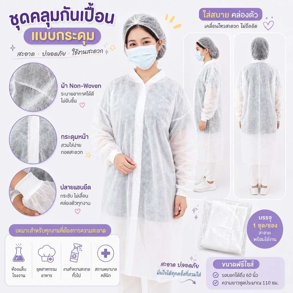 ชุดกราว ชุดคลุม แบบมีกระดุมหน้า ชุดป้องกันเชื้อ ชุดปลอดเชื้อ ชุดกราวกันเปื้อน ชุดคลุมป้องกันเชื้อ คุณภาพสูง พร้อมส่ง