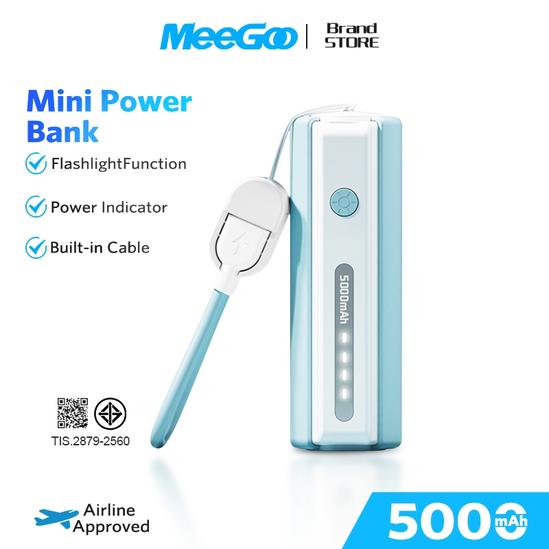 MEEGOO แบตเตอรี่สำรอง 5000mAh ขนาดเล็ก มีสาย Type-C ในตัว มีไฟฉาย LED พกพาสะดวก ใช้ฉุกเฉิน