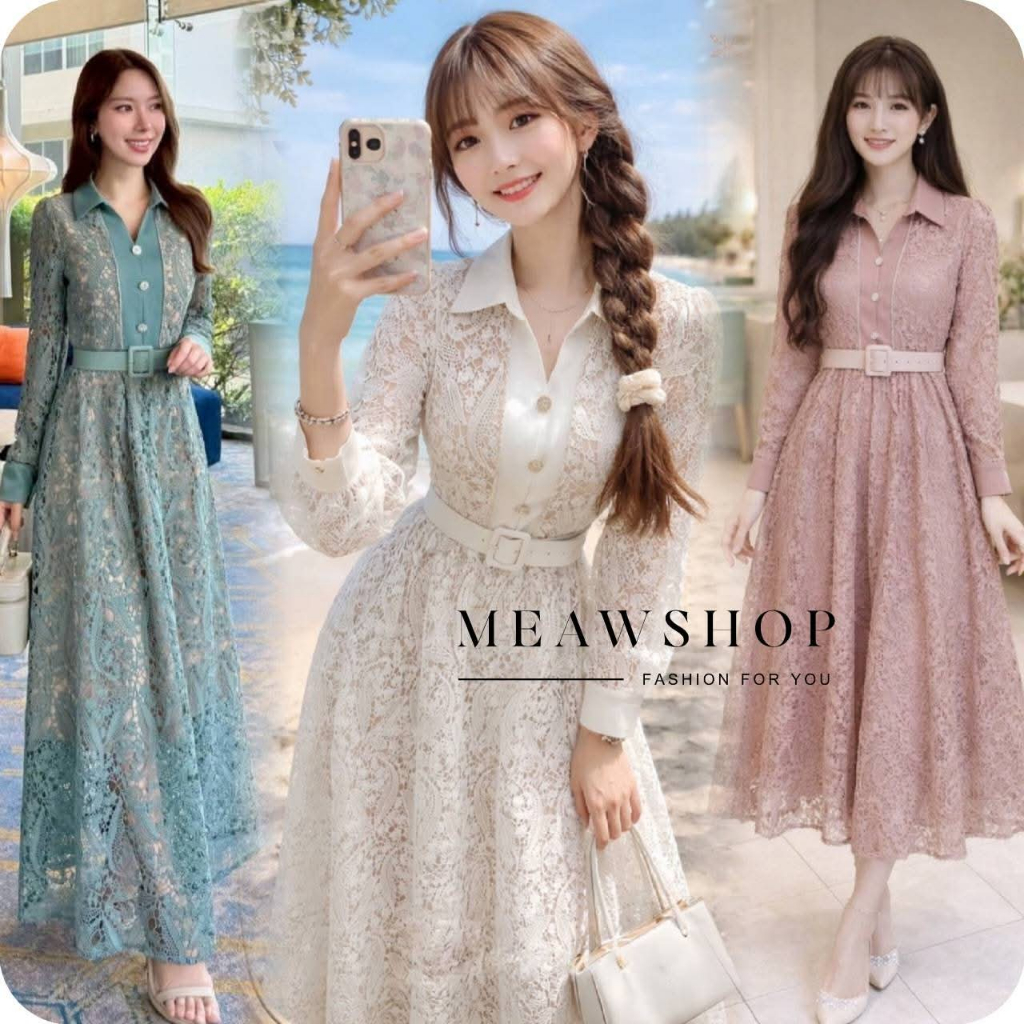 S-3XL เดรสยาวผ้าลูกไม้ทั้งชุด แขนยาวคอปก ชุดทำงานผู้หญิง ชุดออกงาน ชุดไปงาน ชุดไปคาเฟ่ ชุดแฟนนาค ชุด