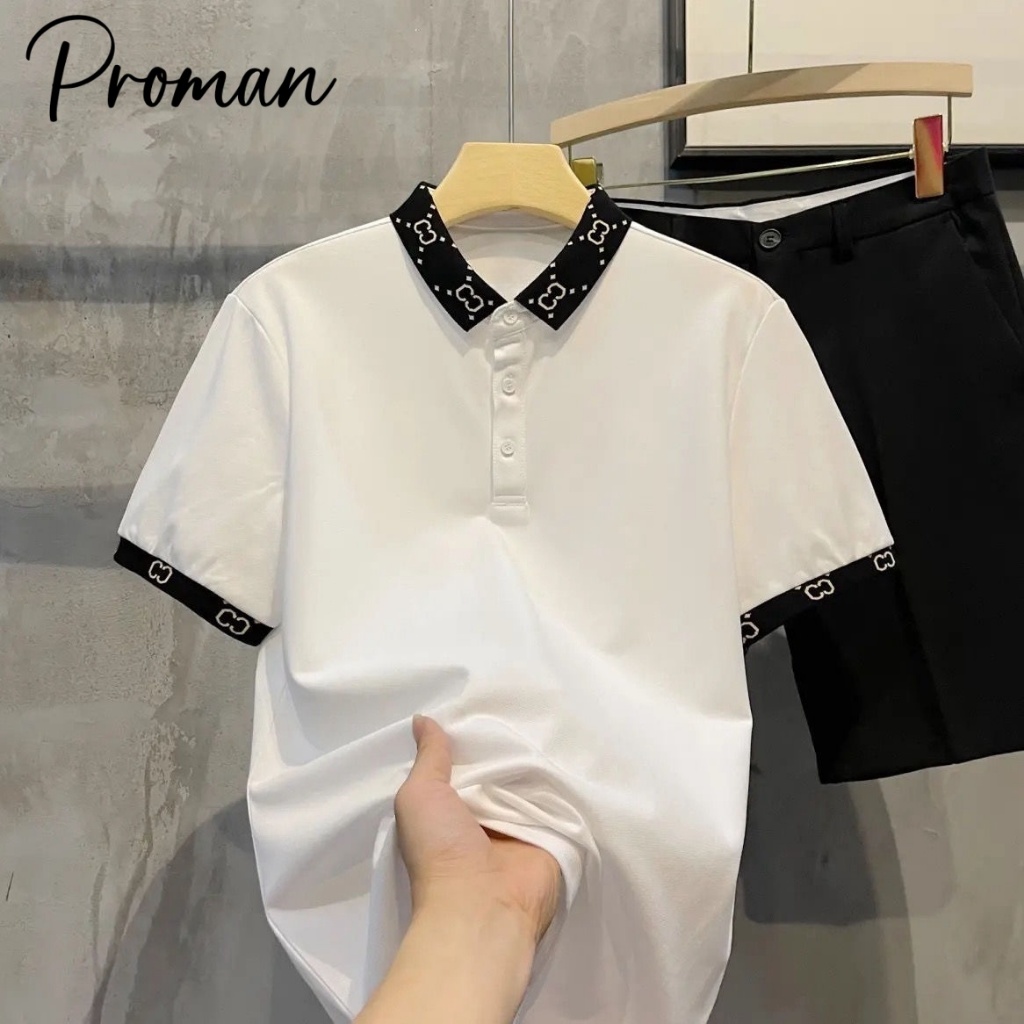 PROMAN เสื้อโปโลผู้ชาย ทรงหลวมสบาย ผ้าฝ้ายแท้ ใส่ไปทำงาน-เที่ยวได้ สีไม่ซีด ไซส์ M-3XL