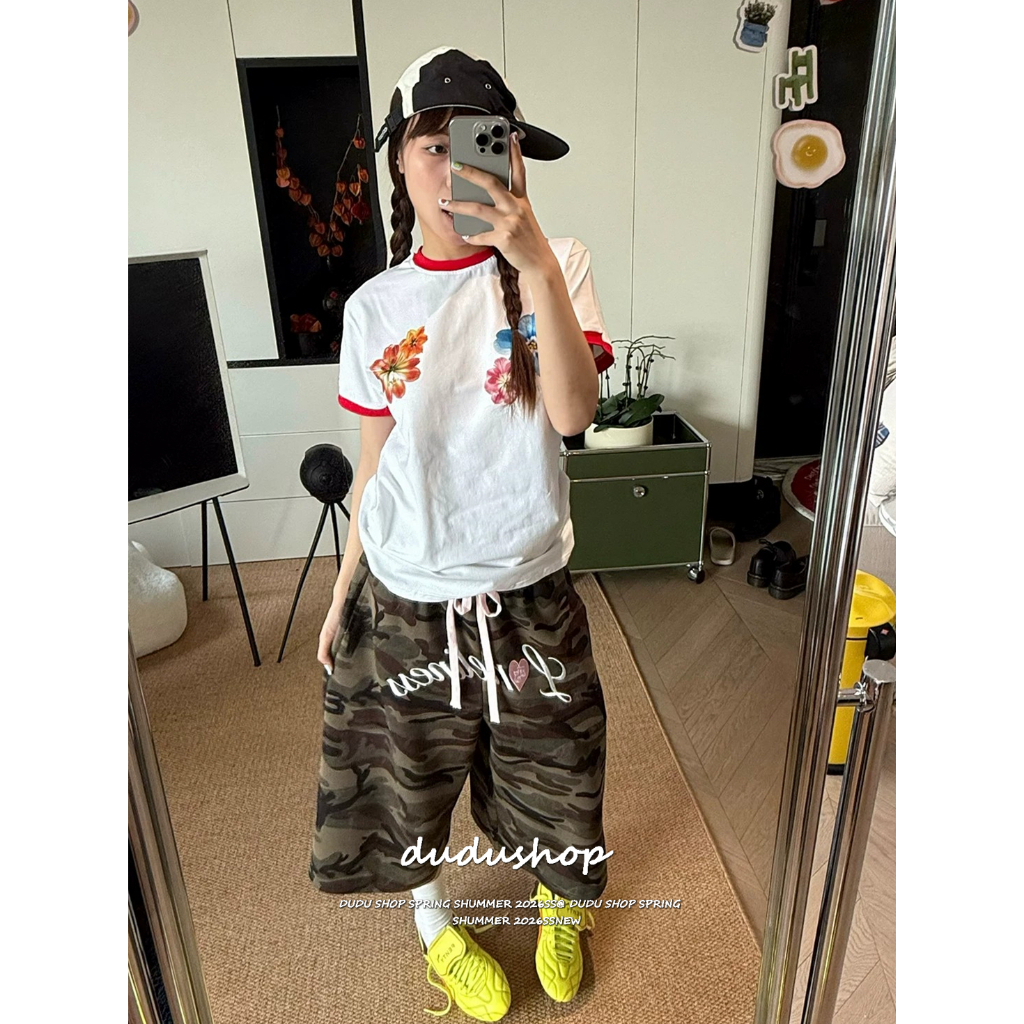 [Camouflage cropped wide-leg pants]สไตล์อเมริกันวินเทจสตรีกีฬาเทรนด์พรางขากว้างคาปรีกางเกง