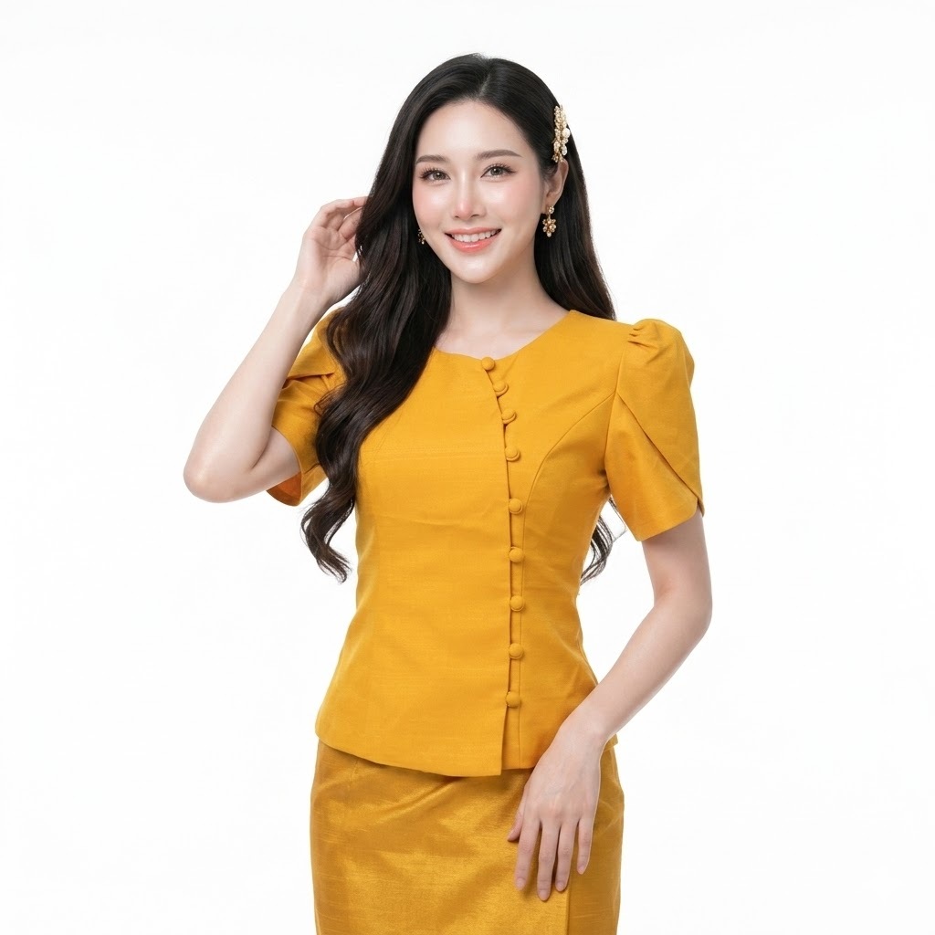 เสื้อไหมลาว รุ่นลิซ่า รหัส JZ ทรงสุภาพ คอกลม แขนกาบบัว ซิปหลัง แต่งกระดุมผ้า พลัสไซซ์บิ๊กไซส์ [อกใหญ่ 34-50 นิ้ว]