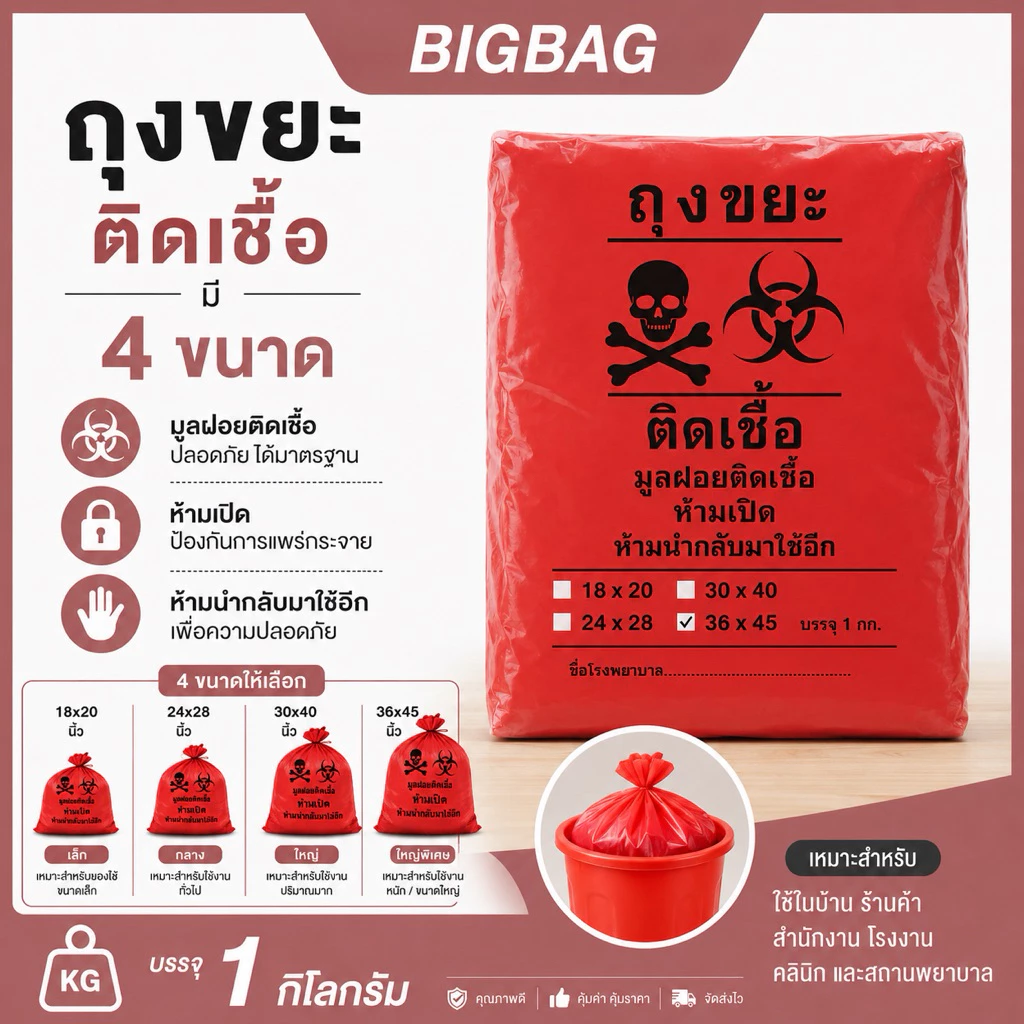 ถุงขยะติดเชื้อ ราคาถูกสุด!!! ถุงขยะอันตราย บรรจุ 1 กิโลกรัม มี 4 ขนาด