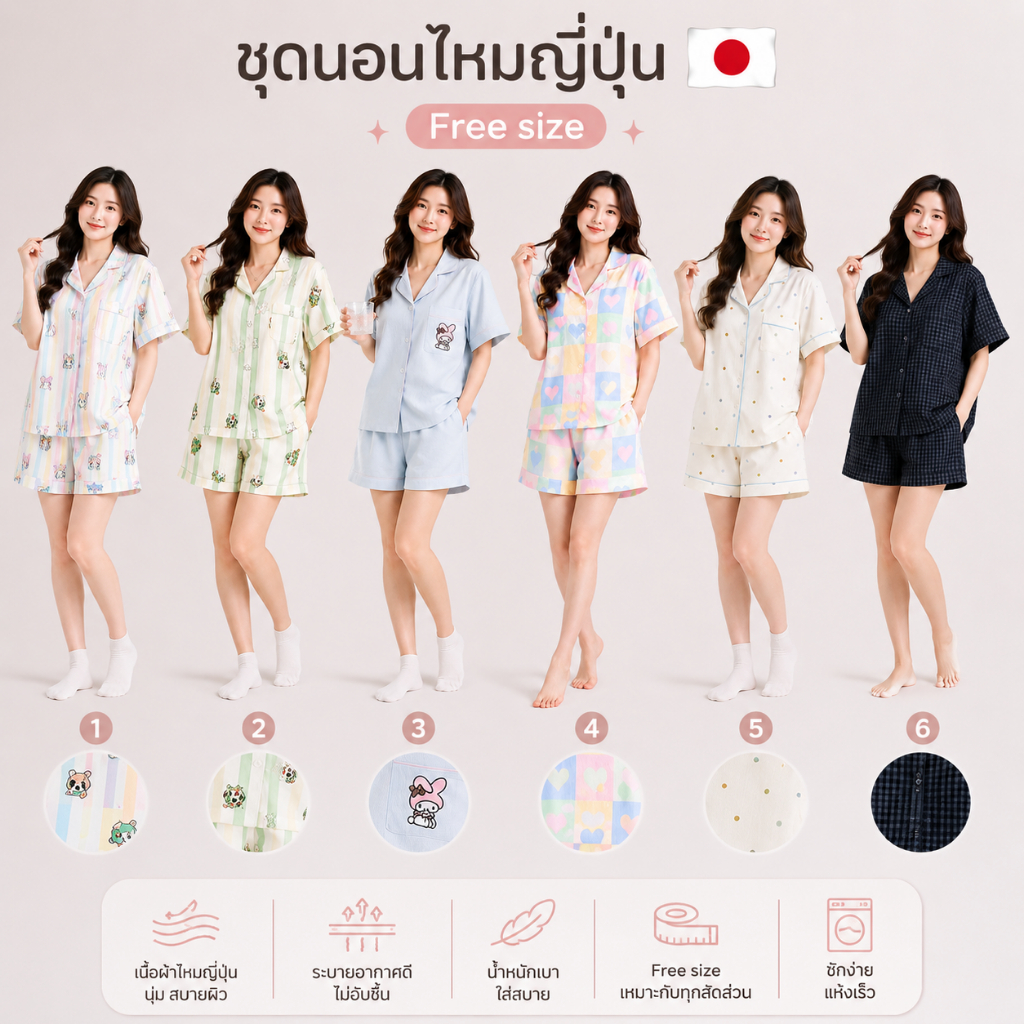 G777 ชุดนอนผ้าไหมญี่ปุ่นมาใหม่ แขนสั้น-ขาสั้น เนื้อผ้าเกรดพีเมี่ยม  ขนาดฟรีไซส์