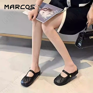 MARCOS รองเท้าแตะผู้หญิง แมรี่เจน ดีไซน์ร่องรอย สีขาว/ดำ ส้นแบน ใส่สบาย กันลื่น สไตล์เกาหลี ลำลอง สำหรับทุกโอกาส