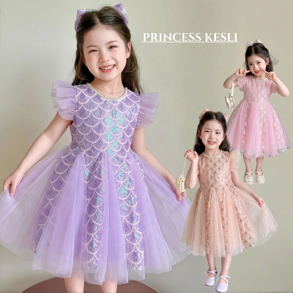 PRINCESS KESLI ชุดเดรสเด็กผู้หญิง ชุดเดรส เจ้าหญิงนางเงือก ลายเกล็ดติดลูกปัด ผ้าตาข่าย สำหรับ ปาร์ตี้วันเกิด 2-12 ปี