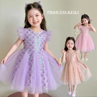 PRINCESS KESLI ชุดเดรสเด็กผู้หญิง ชุดเดรส เจ้าหญิงนางเงือก ลายเกล็ดติดลูกปัด ผ้าตาข่าย สำหรับ ปาร์ตี้วันเกิด 2-12 ปี