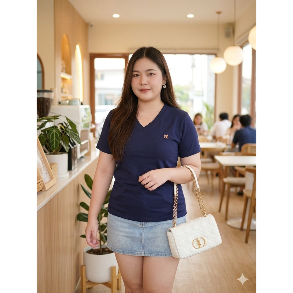 เสื้อคอวีสาวอวบเย็บอะไหล่3D สวยๆ ผ้าคอตตอนยูนิโคล่พรีเมี่ยม อก38-50