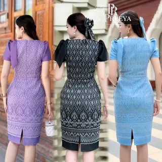 PR150 เดรสผ้าฝ้ายทอลาย ยกแขน อัดกาวทั้งชุด แบรนด์ preeya มีไซส์S-4XL