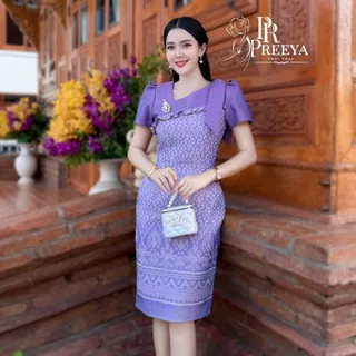 PR150 เดรสผ้าฝ้ายทอลาย ยกแขน อัดกาวทั้งชุด แบรนด์ preeya มีไซส์S-4XL