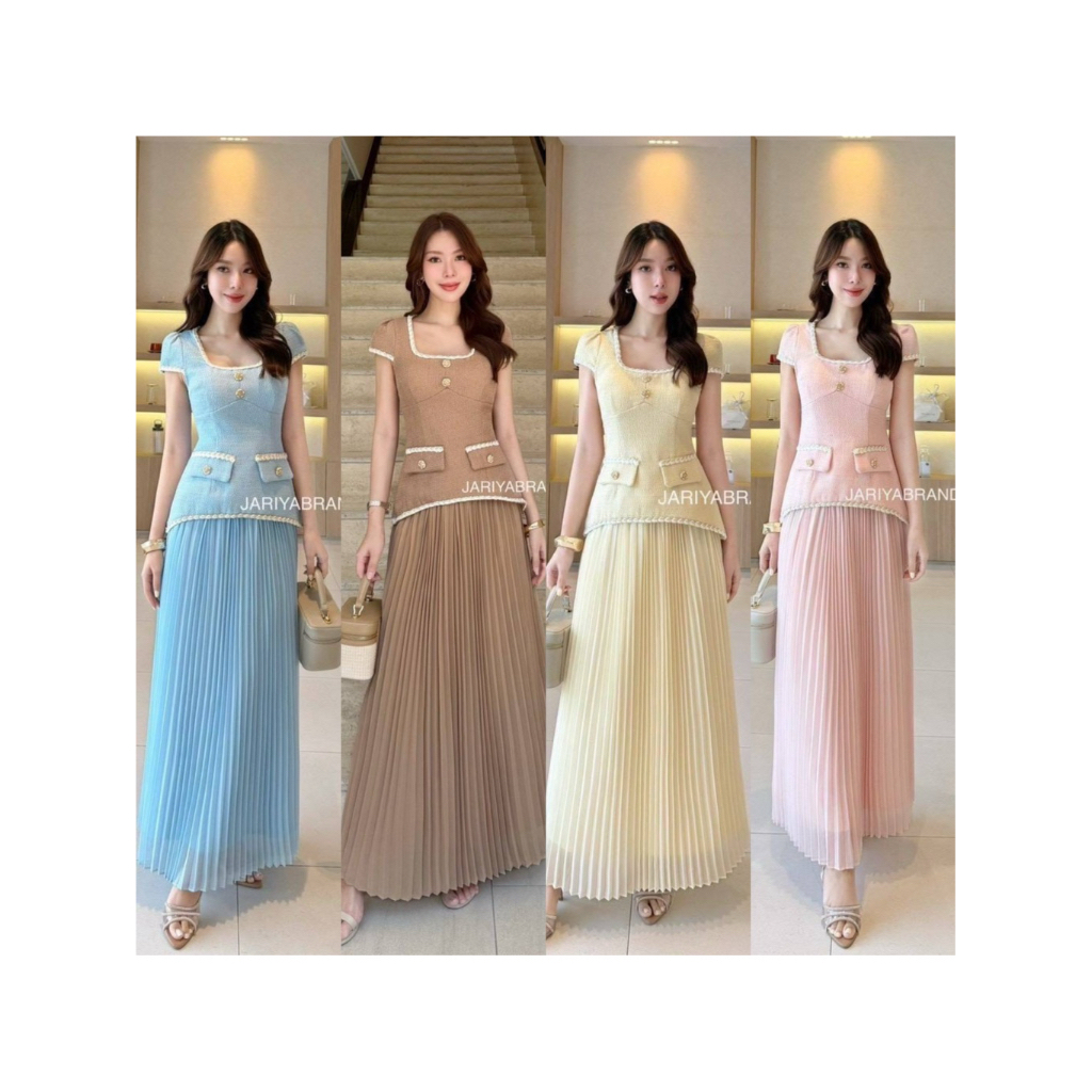 D6 งานป้าย Jariya Set ชุดเซ็ท 2 ชิ้น เสื้อ กระโปรงยาวอัดพลีท สำหรับผู้หญิง เสื้อผ้าแฟชั่นผู้หญิง ไซส์ S-XL