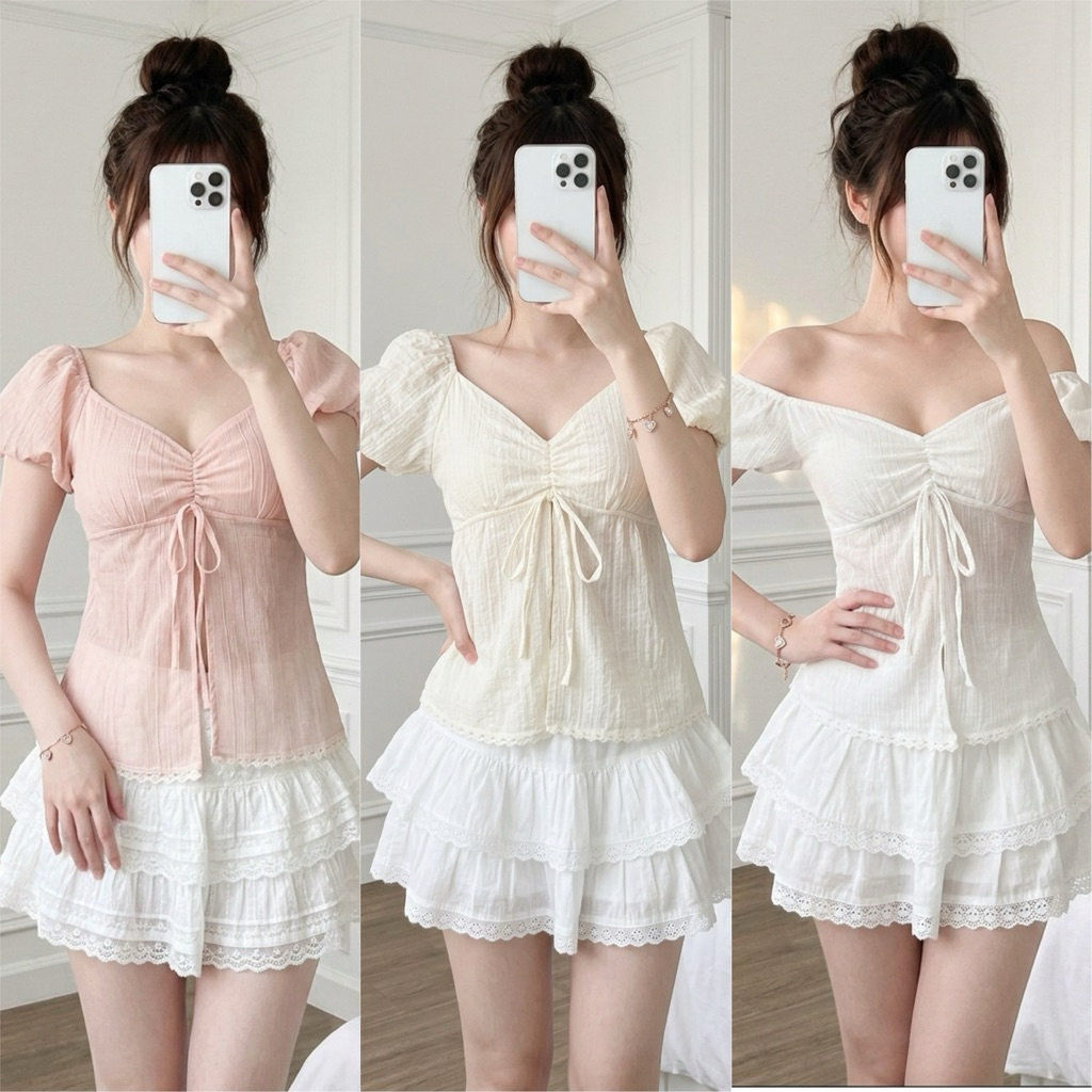 🌟ช่วงอกรูดได้จริง✨Mamildya.shop🌟 เสื้อแขนบอลลูน แต่งขายลูกไม้ /K3-4 /NUSA-รูดได้