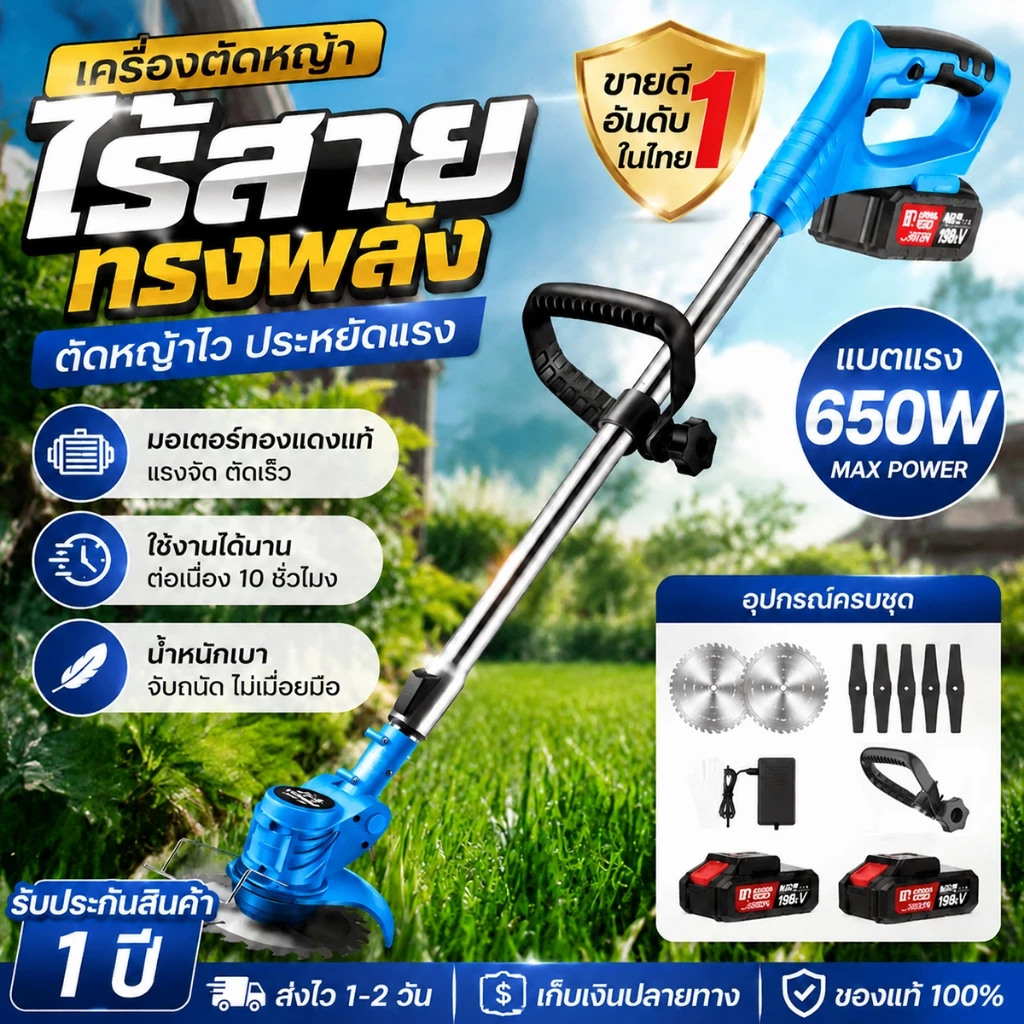 99000Mah*2 เครื่องตัดหญ้า เครื่องตัดหญ้าไฟฟ้า 21Vเครื่องตัดกิ่ง 99999W ตัดหญ้าไร้สาย เครื่องตัดแต่งกิ่งไม้ Lawn mower