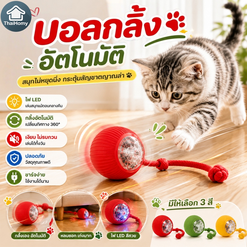 ของเล่นแมว ลูกบอลแมวอัติโนมัติ 6 ตัวเลือก หมุนได้ 360 องศา เรืองแสง ของเล่นแมวโต้ตอบ ลูกบอลสัตว์เลี้ยง
