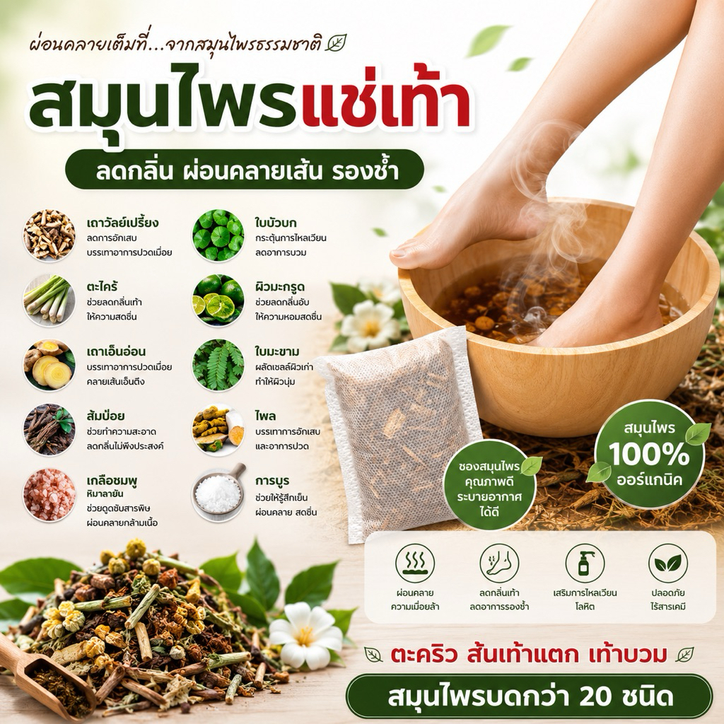 สมุนไพรแช่เท้าในซองสำเร็จรูป แบบไทยโบราณ สมุนไพรไทยแช่เท้า (10 ซองในถุง แถมฟรีอีก 1 ซอง) หอมมาก เย็นสดชื่น