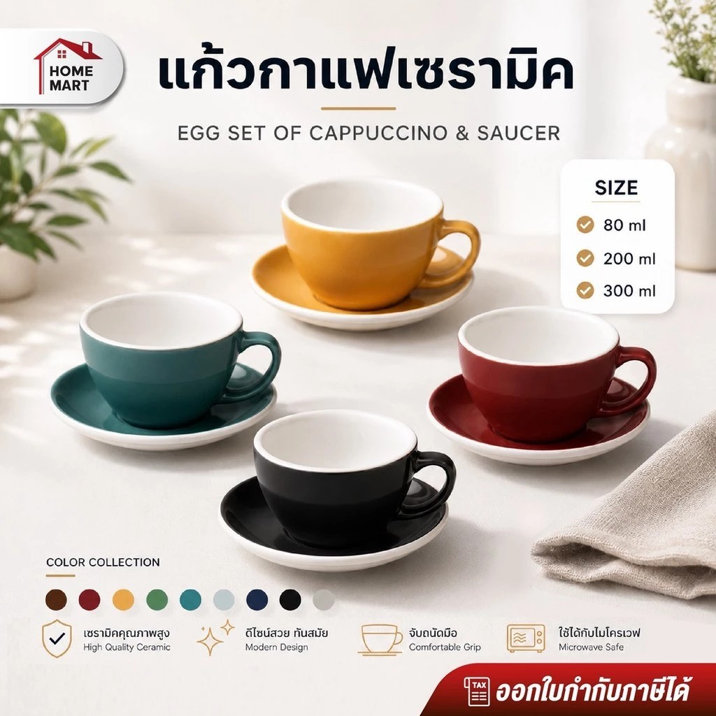 <ใบกำกับภาษี> แก้วกาแฟ เซรามิค ขอบขาว ชุดแก้วกาแฟ 80 / 200 / 300 mL สำหรับ ร้านอาหาร ร้านกาแฟ