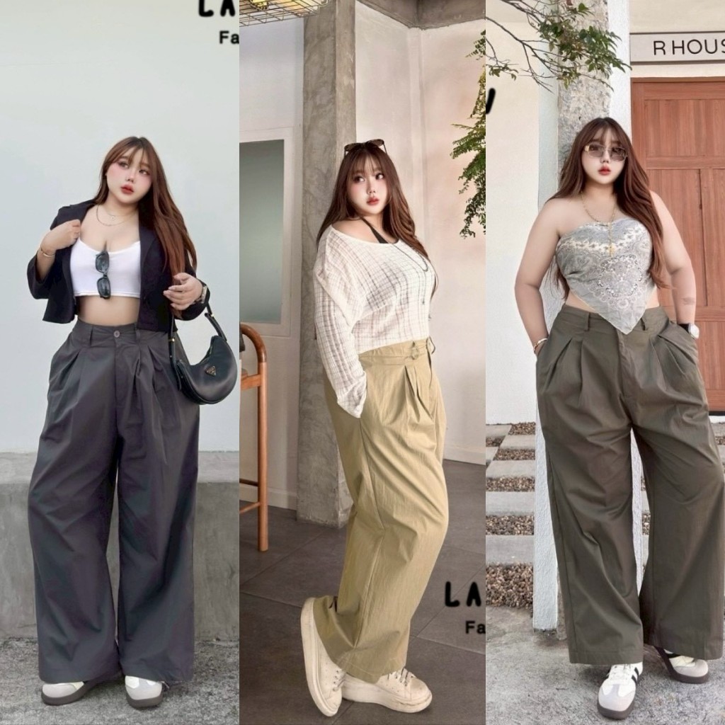 กางเกงขายาว รุ่นทรงลุง วินเทจ เนื้อผ้าแข็งอยู่ทรง เอวสูง สม็อคหลัง สาวอวบ พลัสไซต์