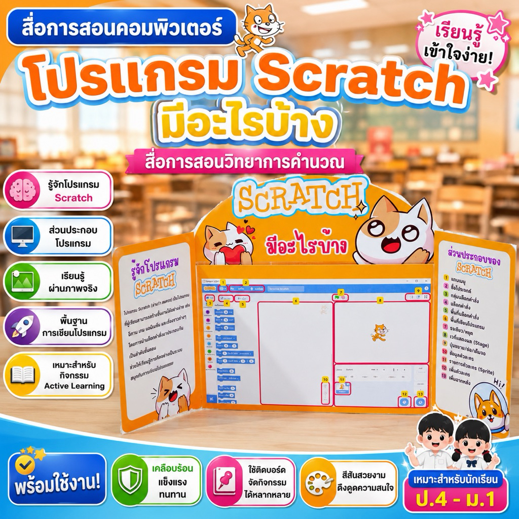 สื่อการสอนวิทยาการคำนวณ สื่อการสอนคอมพิวเตอร์ โปรแกรม Scratch มีอะไรบ้าง งานสามพับ พร้อมใช้งาน