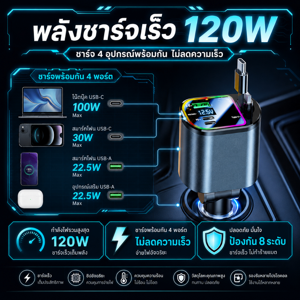 ที่ชาร์จในรถยนต์ 120W ชาร์จเร็ว พร้อมไฟดาวบนหลังคา เพิ่มบรรยากาศในรถ รองรับ iPhone Android USB-C