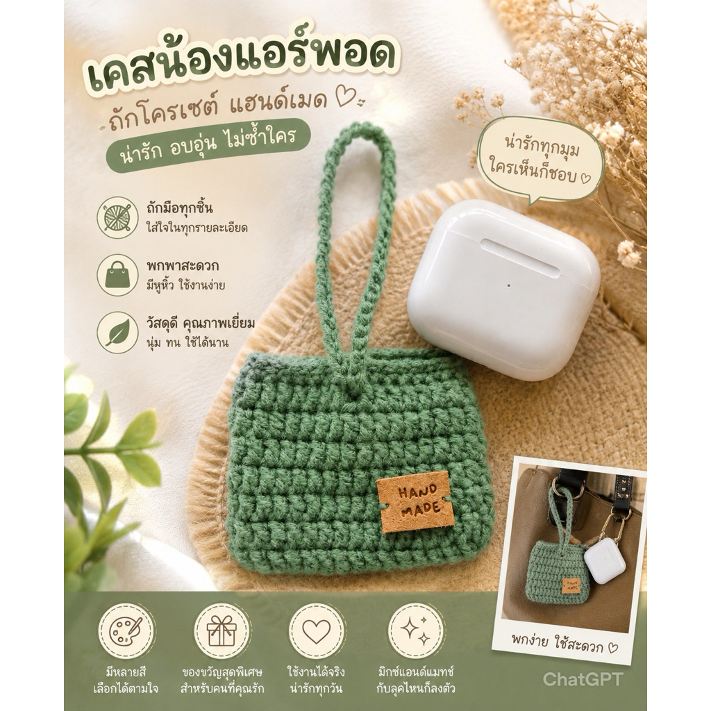กระเป๋าถักใส่หูฟัง AirPods มีสายคล้องในตัว Crochet AirPods Case กระเป๋าใบเล็กพกพาใส่ของจุกจิก งานแฮนด์เมดถักโครเชต์