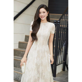 G434 เดรสลูกไม้สีครีม เดรสออกงานผู้หญิง เดรสยาวทรงเอ แขนสั้น