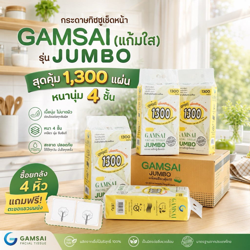 New*JUMBOกระดาษทิชชู่เช็ดหน้าแก้มใสแบบแขวนดึง**ยกลังมี4หิ้ว** กระดาษทิชชู่ผลิตไนไทยกระดาษทิชชู่เยื่อบริสุทธ์100%หนา4ชั้น