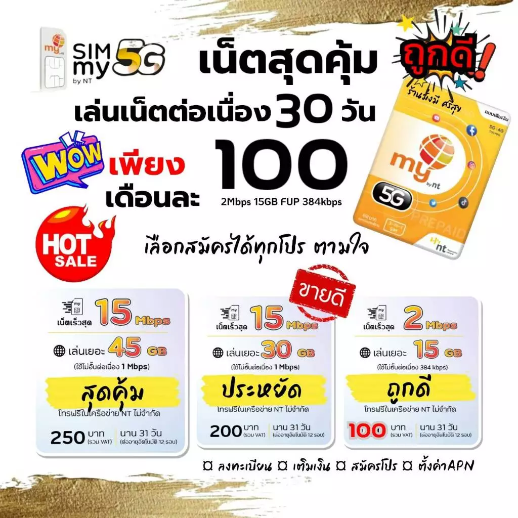 สุดคุ้ม(my.4)ซิมมาย สมัครเน็ตต่อเนื่อง 30วัน เพียงเดือนละ 100 บาท(2Mbps 15GB FUP 384kbps)