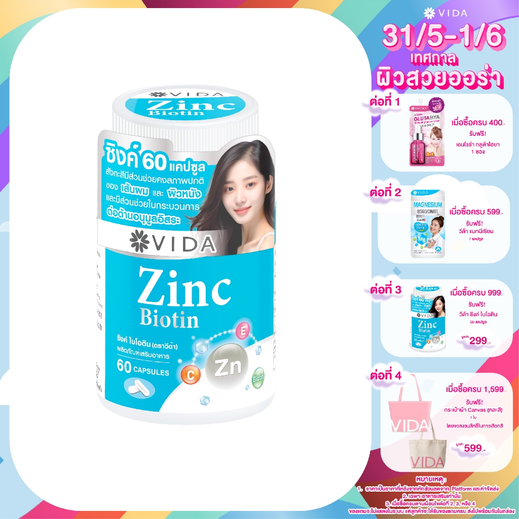 Vida Zinc Biotin (VIDA Brand) 60 Capsules (วีด้า ซิงค์ ไบโอติน ตราวีด้า 60 แคปซูล)