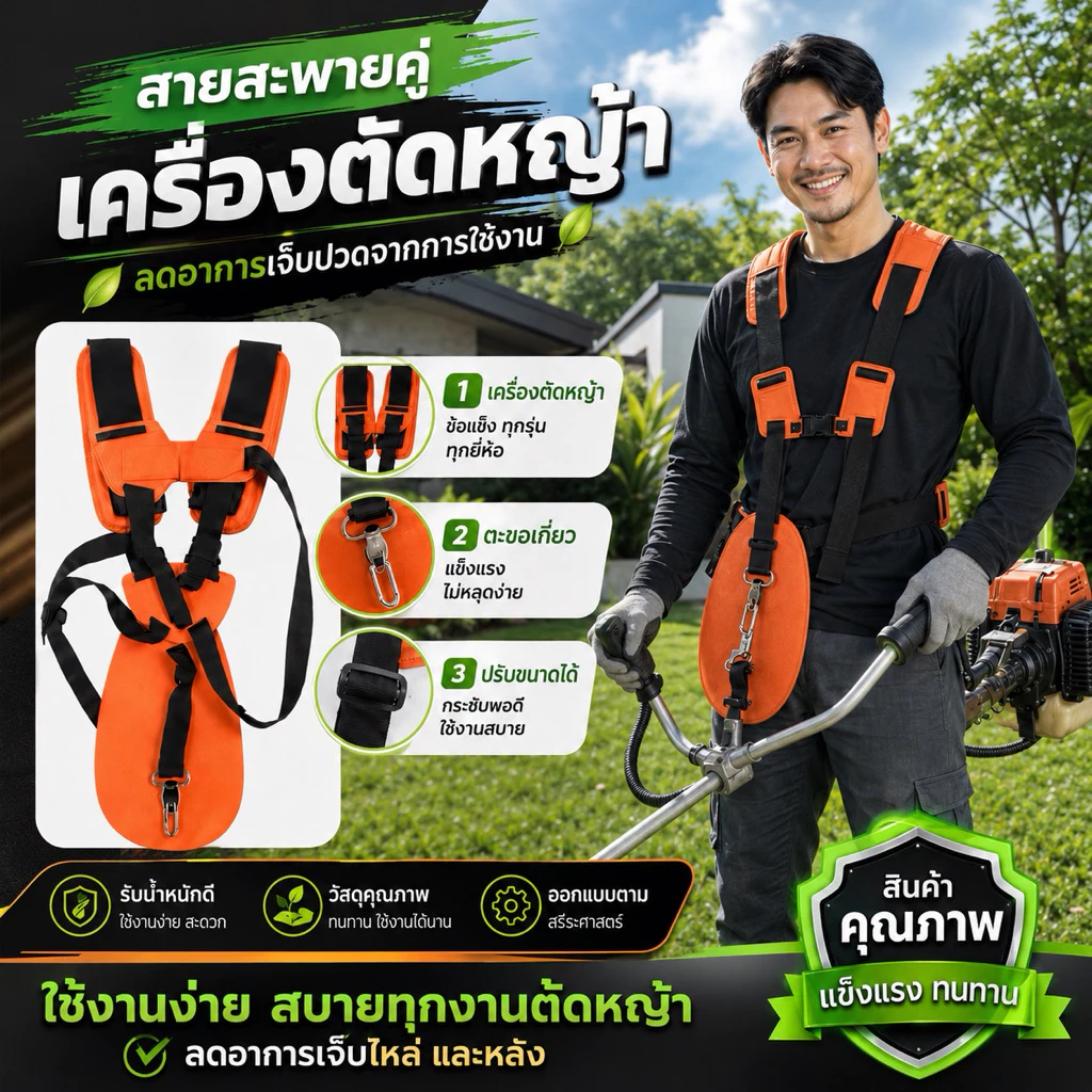 สายสะพายเครื่องตัดหญ้าสะพายบ่าคู่ (สีส้ม ) รุ่นเสื้อกั๊กหนานุ่มไม่เจ็บบ่าอย่างดี สายสะพาย