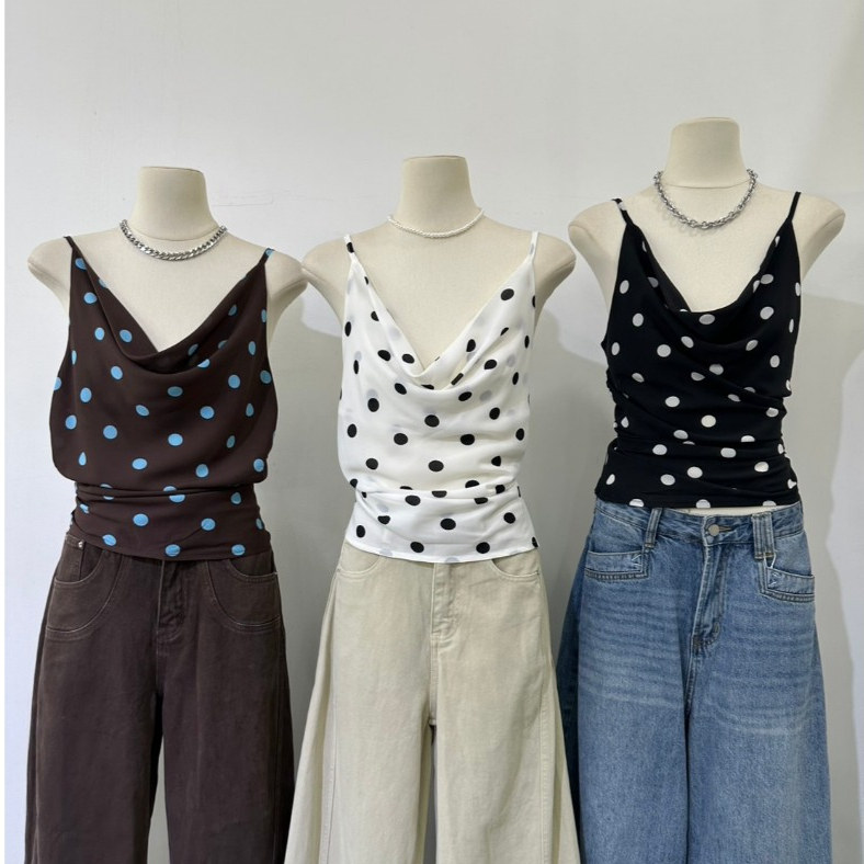 M2175 เสื้อสายเดี่ยวลายจุด Polka Dot ดีไซน์คอถ่วงระบายละมุนๆ เพิ่มความเซ็กซี่แบบดูแพง