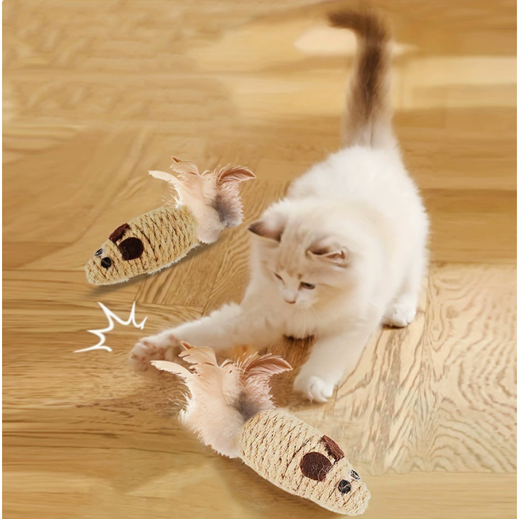 PP-2884 ของเล่นแมวหนูเชือกถัก ปลายขนนก ช่วยขัดฟัน เล่นสนุก แมวชอบมาก พร้อมส่ง 🐭🐱💖