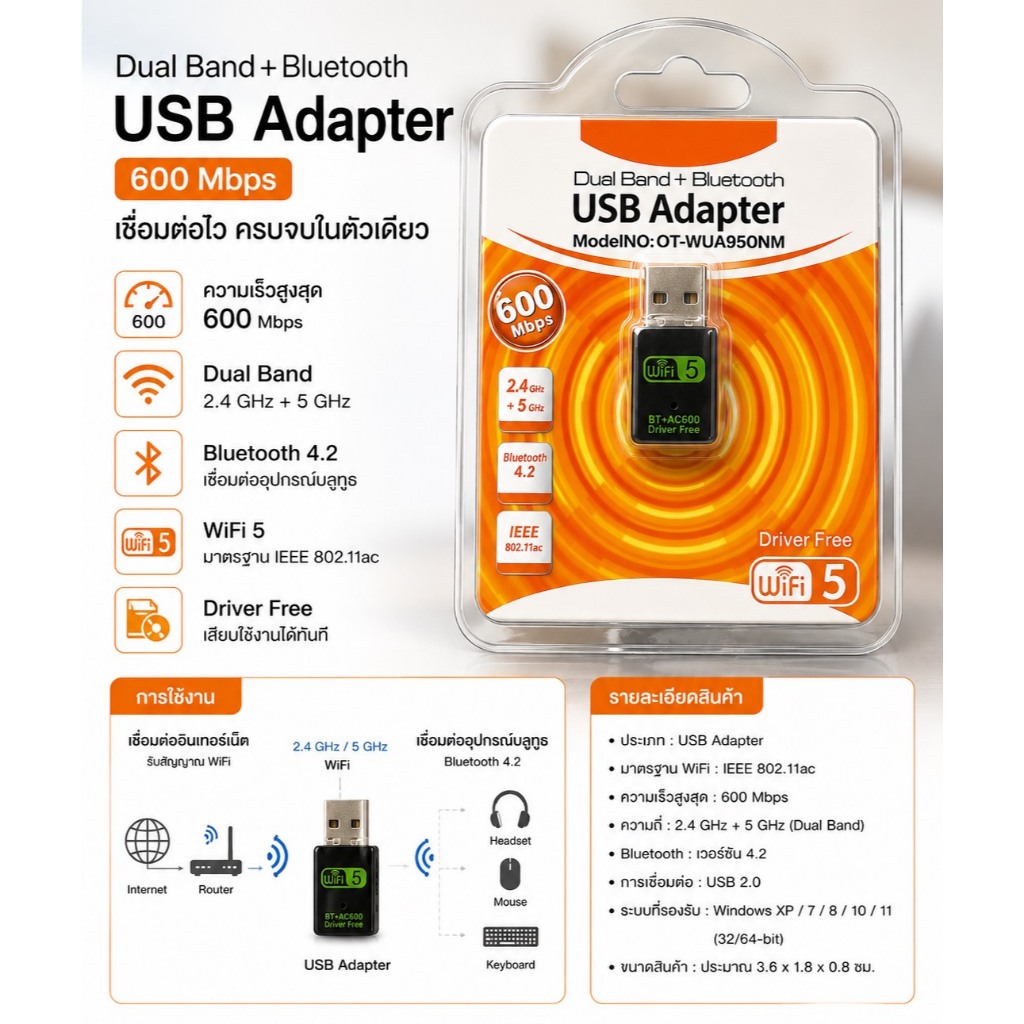USB WI-FI + Bluetooth Adapter ตัวรับสัญญาณ WI-FI และ Bluetooth