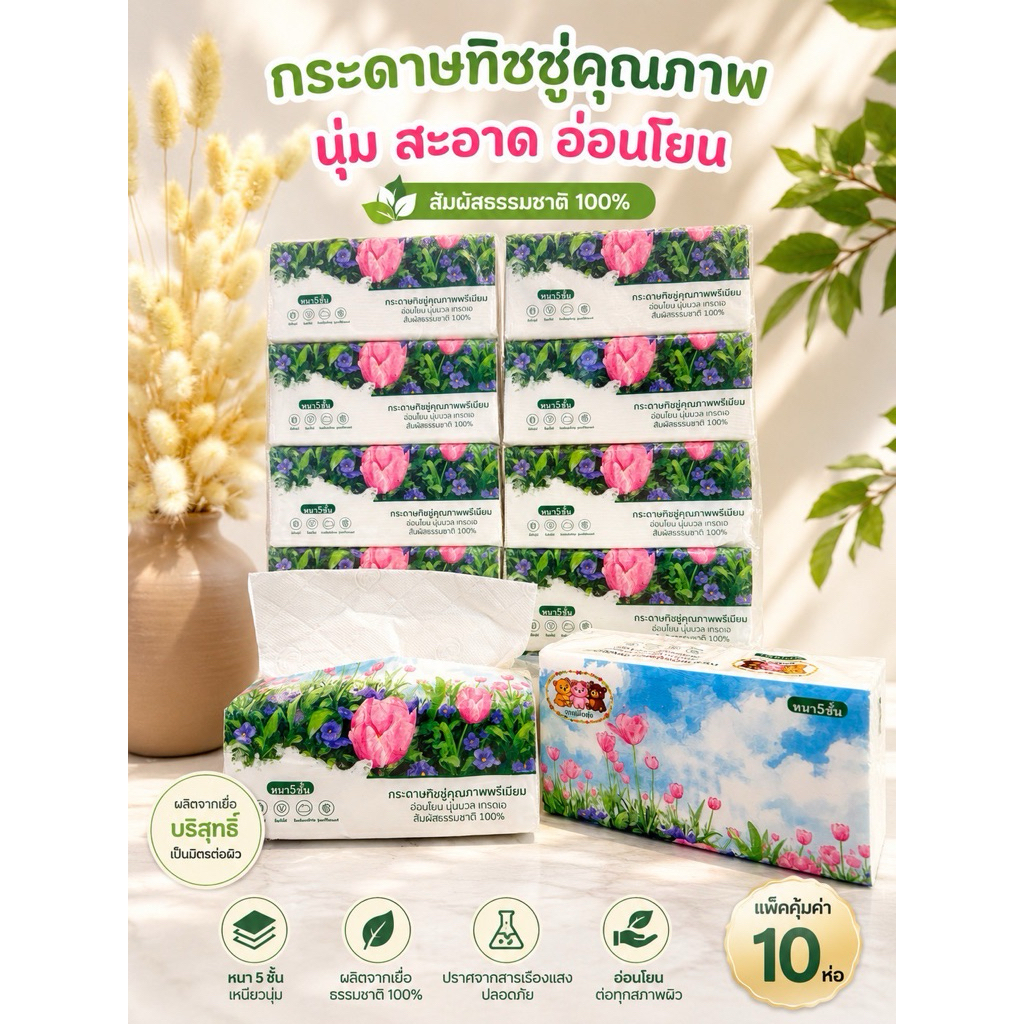 [10 ห่อ]ทิชชู่ลูกหมี3ตัว คุณภาพนุ่ม สะอาด หนา 5 ชั้น ไซส์ L แผ่นใหญ่ ใช้ได้นาน