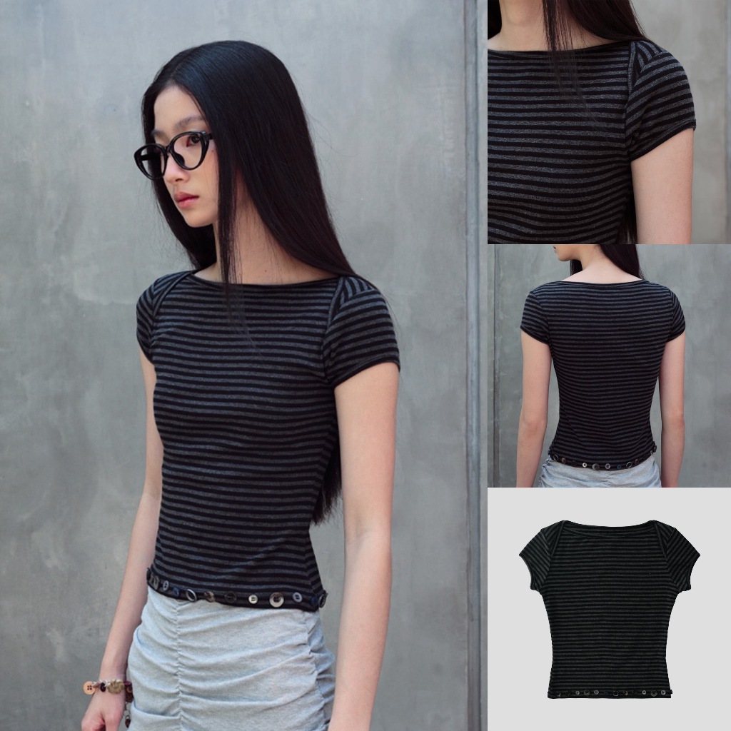 Garcon.dept | Black stripe boat neck baby tee | เสื้อเบบี้ทีลายทางดีเทลกระดุม